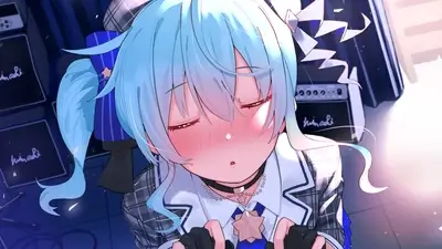 Cute girl with blue hair, blushing