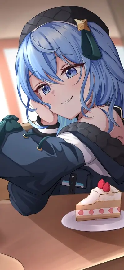 Cute girl with blue hair enjoying a piece of cake