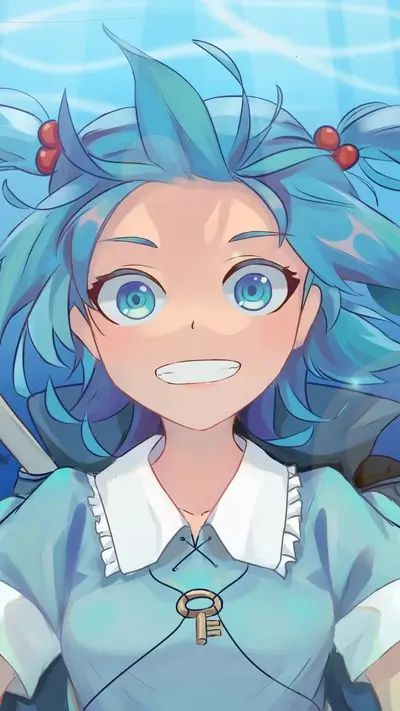 Cute girl with blue hair, happy expression