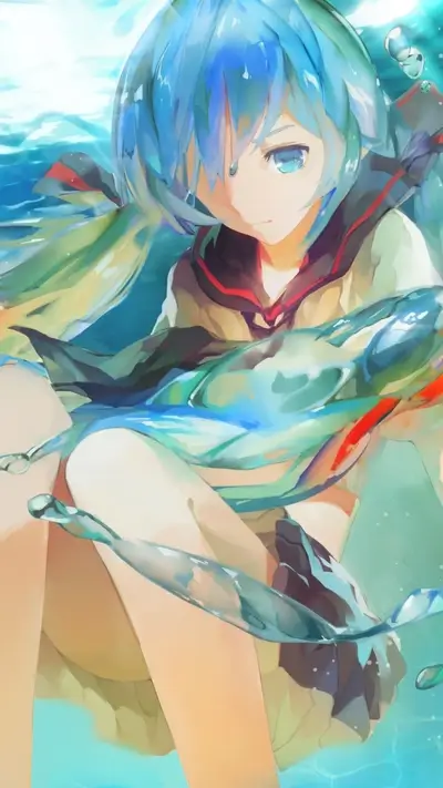 Cute girl with blue hair submerged in water, anime style