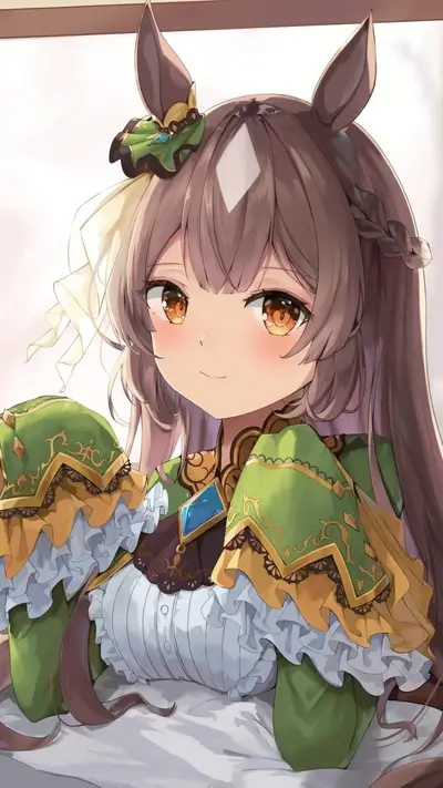 Cute girl with brown hair and ears in elaborate green dress