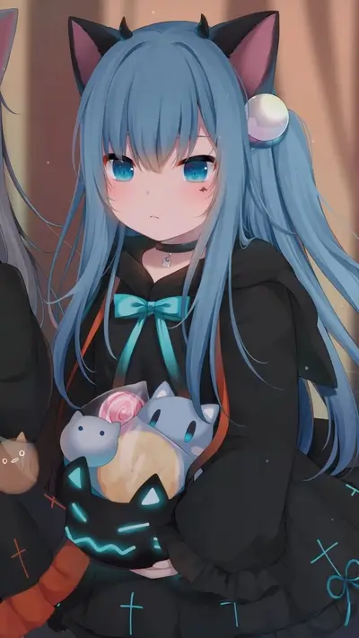 Cute girl with cat ears and Halloween candy