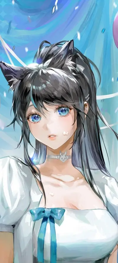 Cute girl with cat ears in a white dress