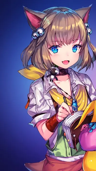 Cute girl with cat ears writing in a book