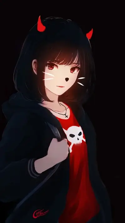 Cute girl with cat makeup and devil horns