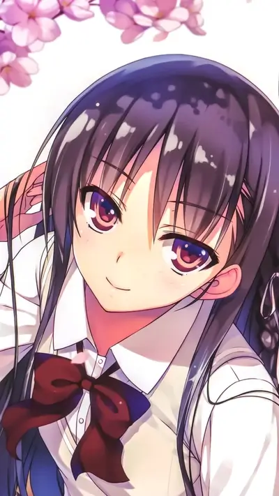 Cute girl with dark hair and red eyes in school uniform