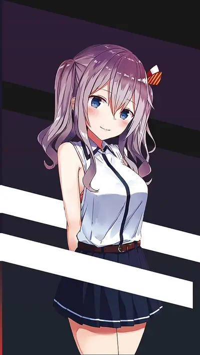 Cute girl with grey-purple hair and striped bow illustration
