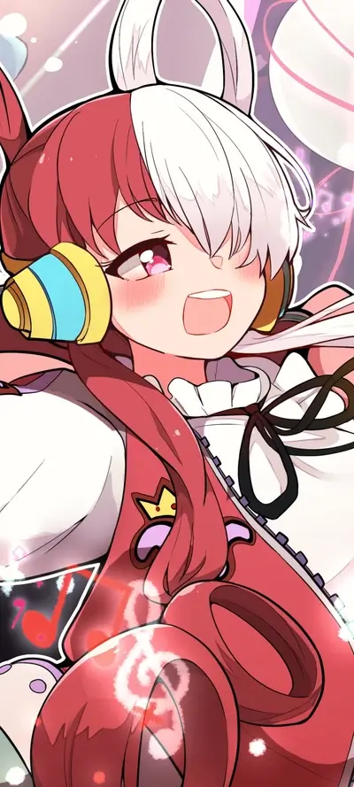 Cute girl with headphones, red and white hair