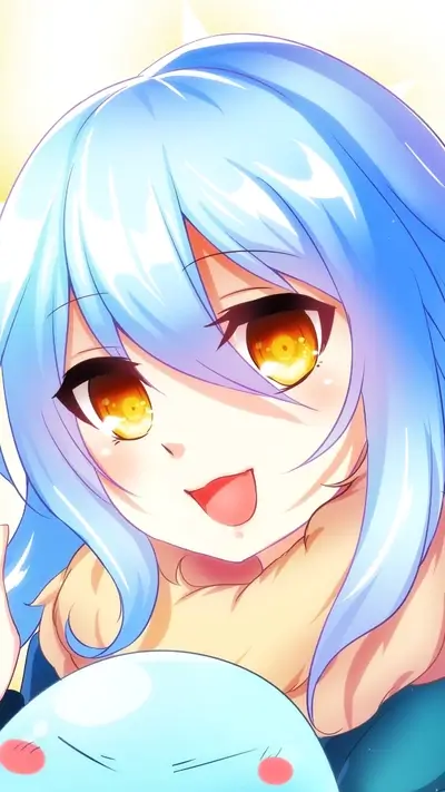 Cute girl with light blue hair and a slime