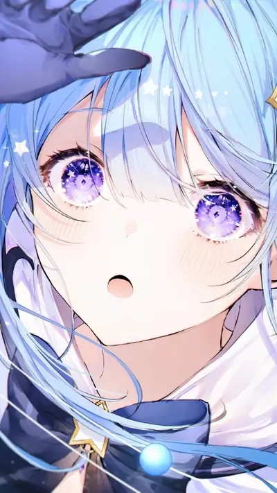 Cute girl with light blue hair and purple eyes