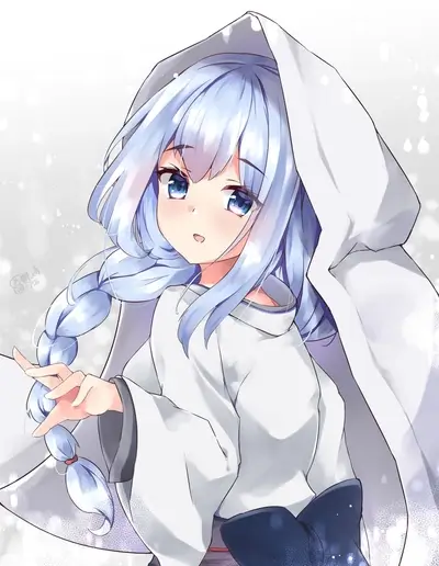 Cute girl with long blue hair wearing a white hooded cloak