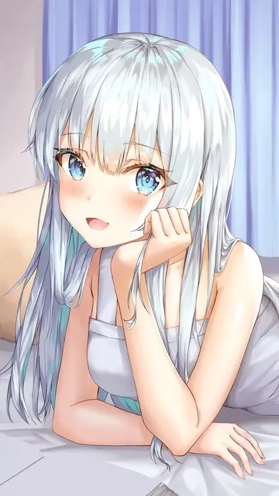 cute girl with long silver hair lying on bed