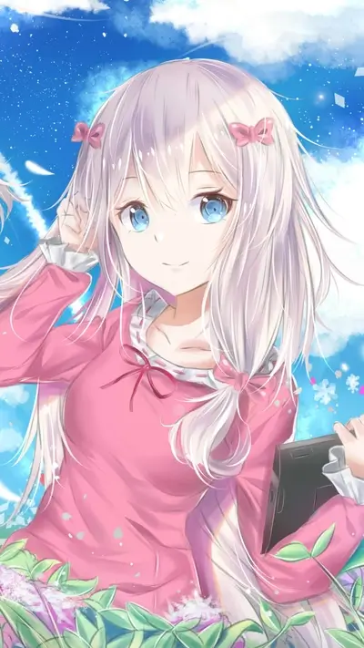 Cute girl with long white hair in a pink sweater