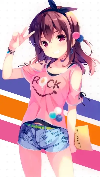 Cute girl with peace sign, pink shirt, and denim shorts