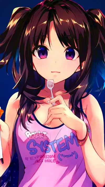 Cute girl with pigtails eating dessert