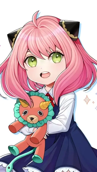 Cute girl with pink hair holding a plush toy