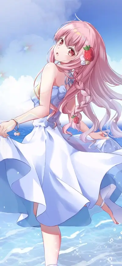 Cute girl with pink hair, wearing a white dress on the beach