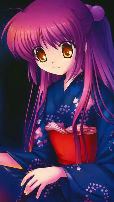 Cute girl with pink hair wearing traditional kimono, looking downwards smiling