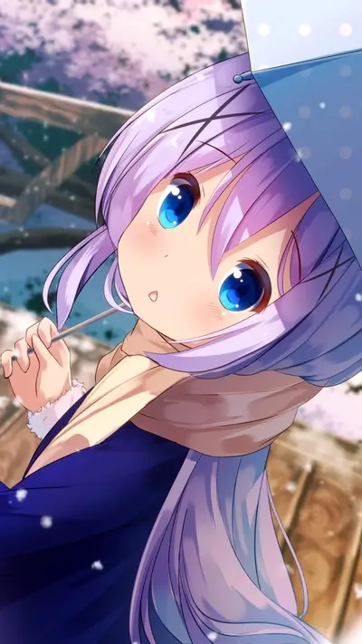 Cute girl with purple hair under a polka-dotted umbrella