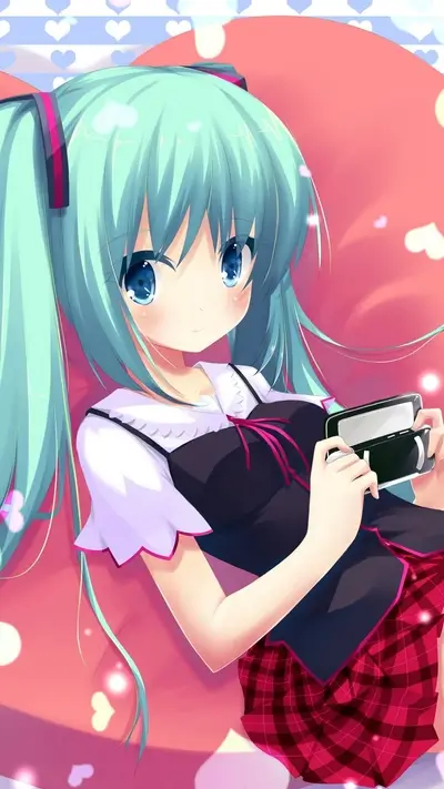 Cute girl with teal hair playing a handheld device