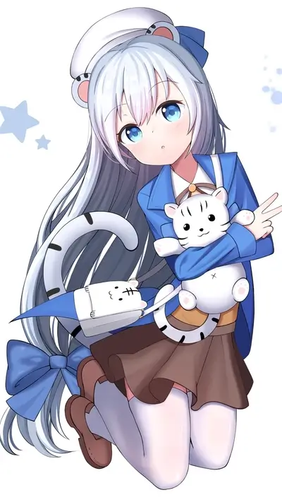 Cute girl with white hair and a white cat plushie