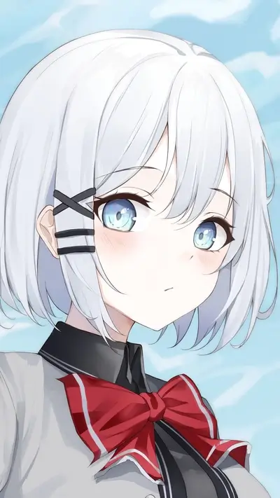 Cute girl with white hair and red bow