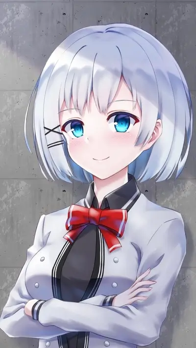 Cute girl with white hair, blue eyes, wearing a white uniform