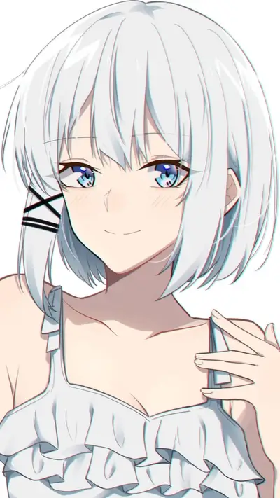Cute girl with white hair, wearing a ruffled white top