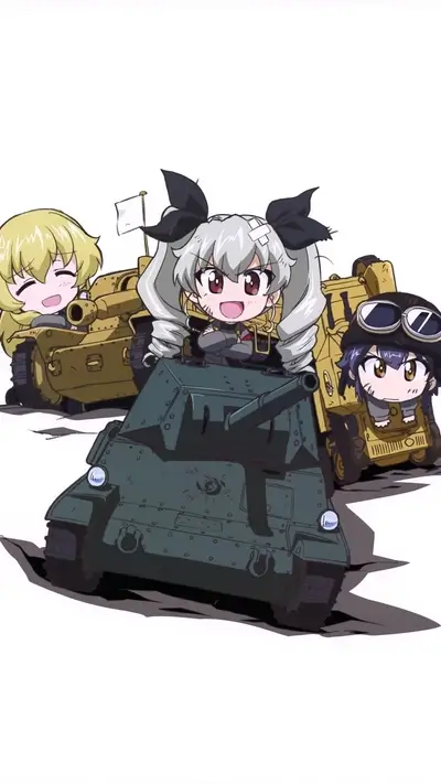 Cute girls riding tanks, cheerful expressions on faces.