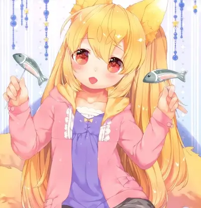 Cute kitsune girl with golden hair holding fish decorations