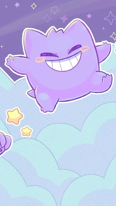 Cute purple creature smiling above clouds, stars surrounding
