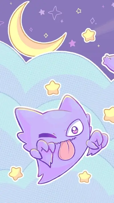 Cute purple ghost Pokémon in a dreamy night sky