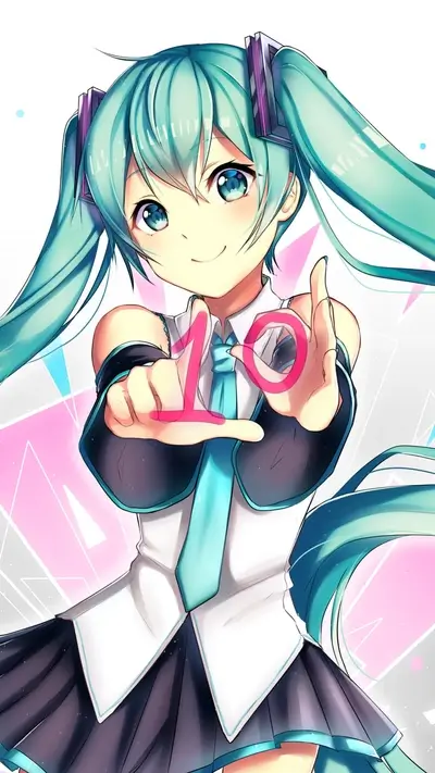 Cute teal-haired girl holding up a pink '10' shape with fingers