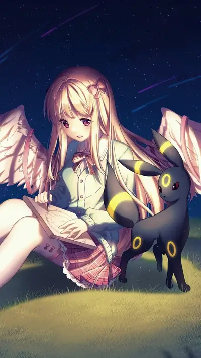 Cute winged girl drawing in a field with her Pokemon companion under starry sky