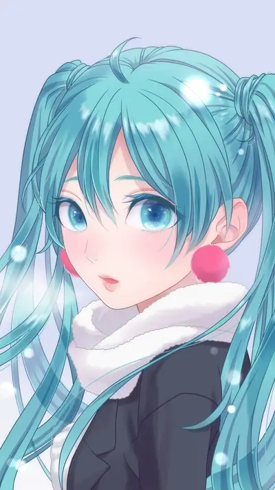 Cyan-haired anime girl with pink earrings, wearing warm clothes, and snow