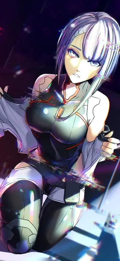 Cyberpunk character getting undressed, holographic glitch effects