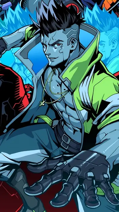 Cyberpunk character illustration with glowing eyes and green accents