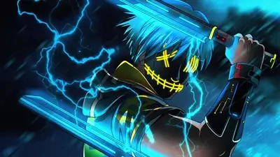 Cyberpunk character wielding glowing blue swords