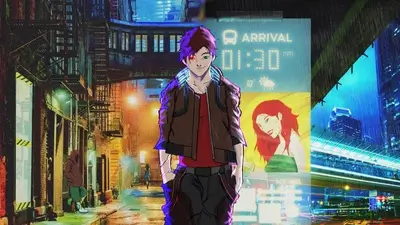 Cyberpunk city alleyway with a stylish character