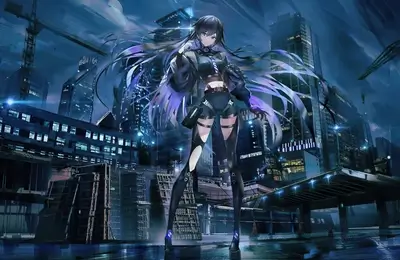 Cyberpunk city at night, girl with long hair