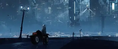 Cyberpunk city at night, lone figure on motorcycle
