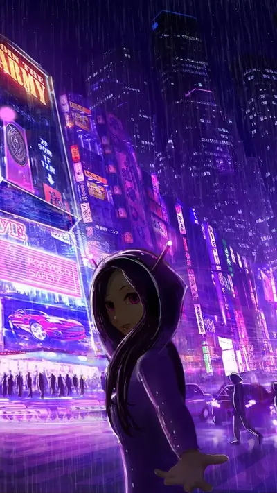 Cyberpunk city rain night scene with girl