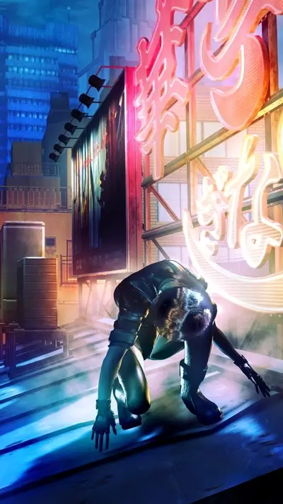 Cyberpunk city rooftop, lone figure crouching