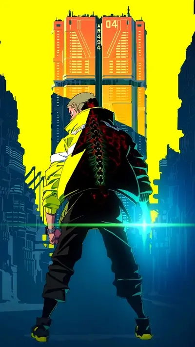 Cyberpunk city scene, character in the foreground
