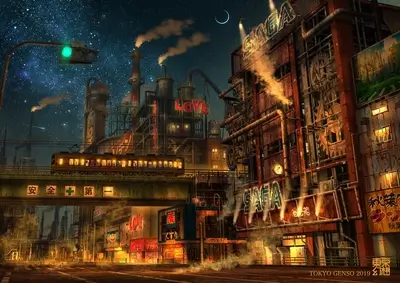 Cyberpunk city scene with a female warrior