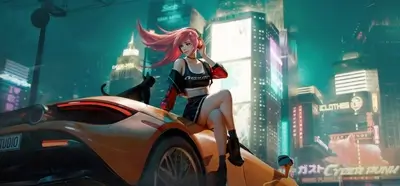 Cyberpunk city scene with a woman and a cat