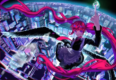 Cyberpunk city, winged maid, glowing fingertip