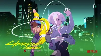 Cyberpunk Edgerunners promotional poster, two characters in a futuristic city
