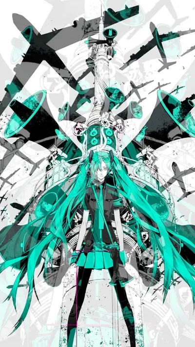 Cyberpunk girl, futuristic tower, speakers, and planes with a monochrome and turquoise color scheme
