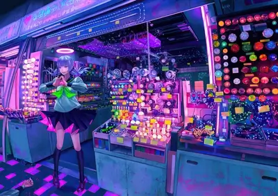 Cyberpunk girl in a neon-lit electric shop